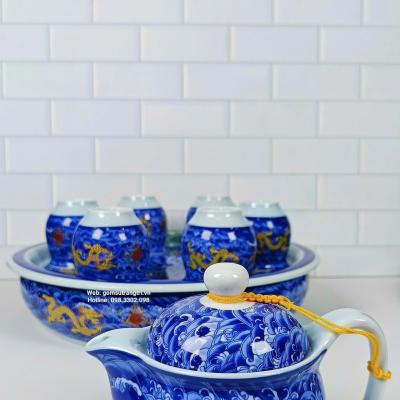 BỘ ẤM CHÉN HAI LỚP RỒNG XANH KÈM KHAY
